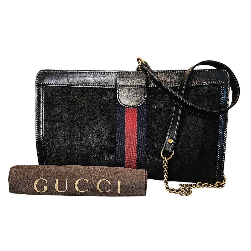 Gucci Black Leather Shoulder Bag with Red & Navy Web Stripe